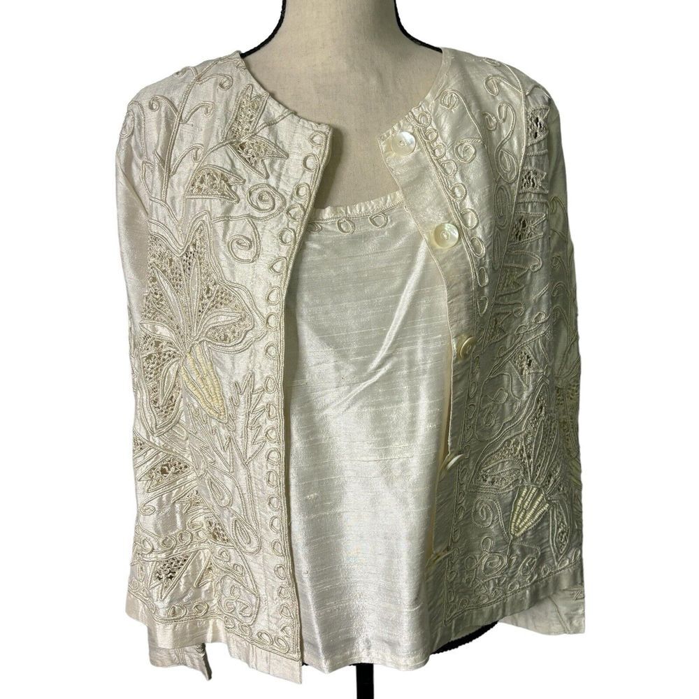 Sandy Starkman Skirt Set Womens‎ 1X White 100% Silk Beaded 3 Piece Vintage - Picture 7 of 16